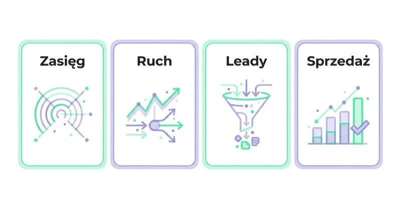 Diagram: Cel kampanii zmienia znaczenie wyniku — Zasięg, Ruch, Leady, Sprzedaż.