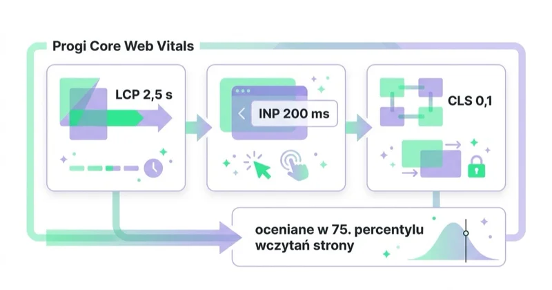 Progi Core Web Vitals: LCP 2,5 s, INP 200 ms, CLS 0,1, oceniane w 75. percentylu wczytań strony.