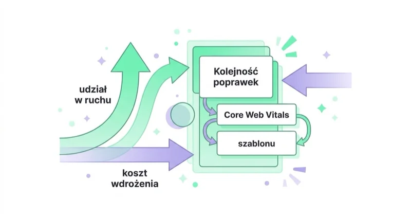 Kolejność poprawek Core Web Vitals według udziału szablonu w ruchu i kosztu wdrożenia.
