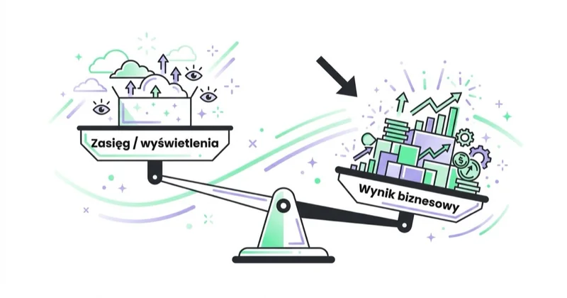 Diagram: zasięg i wyświetlenia to nakłady, nie wyniki.