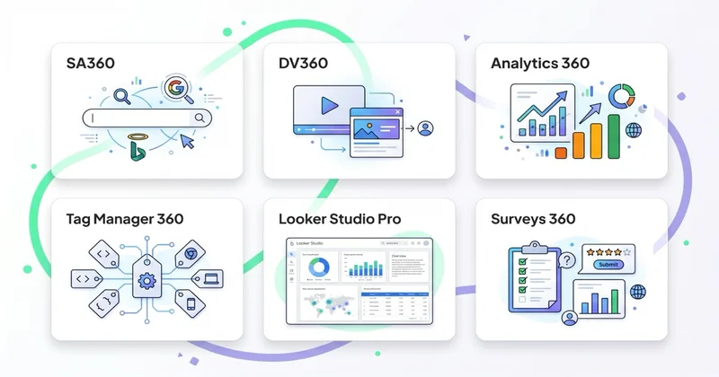 6 produktów Google Marketing Platform: SA360, DV360, Analytics 360, Tag Manager 360, Looker Studio Pro, Surveys 360