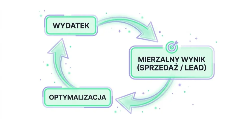 Diagram: performance marketing jako pętla mierz-i-optymalizuj.