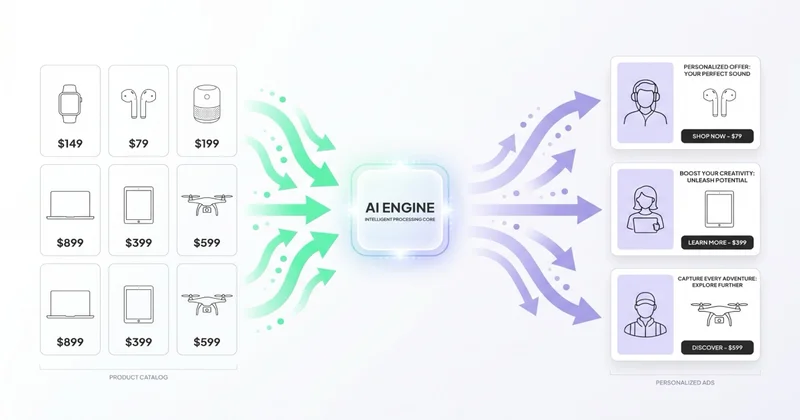 Dynamic feed flow: katalog → AI engine → spersonalizowane reklamy per user
