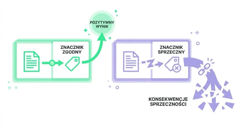 Znacznik zgodny z widoczną treścią strony obok znacznika sprzecznego z treścią i konsekwencje tej sprzeczności.