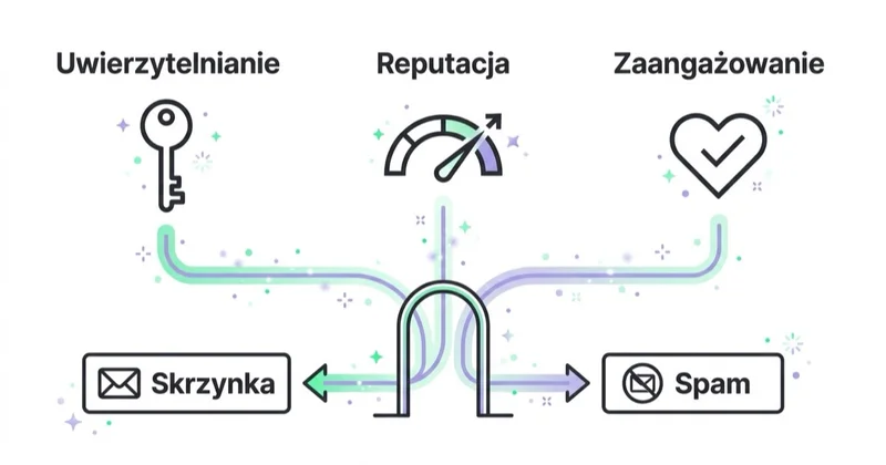 Diagram: trzy filary dostarczalności prowadzą do skrzynki lub spamu.
