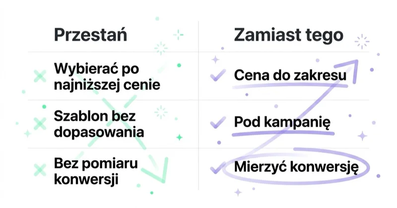 Diagram: cena landing page — czego unikać, co robić.