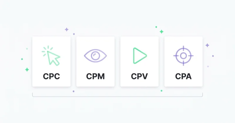 Cztery modele rozliczeń w Google Ads: CPC, CPM, CPV i CPA.