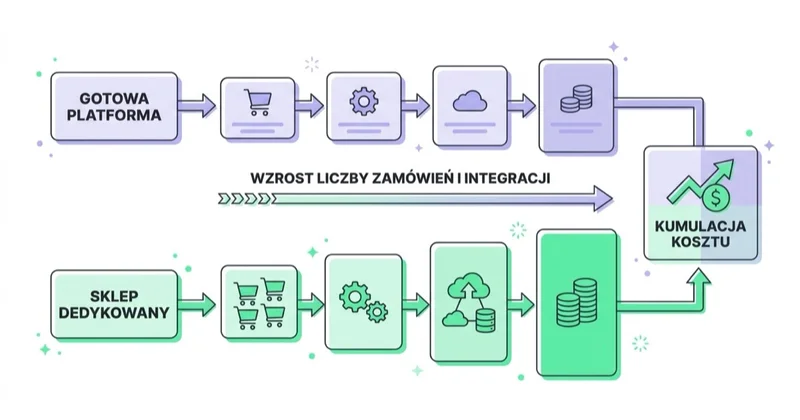 Diagram: gotowa platforma kontra sklep dedykowany — gdzie kumuluje się koszt przy wzroście liczby zamówień i integracji.