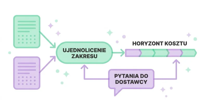 Diagram: jak porównać dwie oferty o różnym zakresie — ujednolicenie zakresu, horyzont kosztu, pytania do dostawcy.