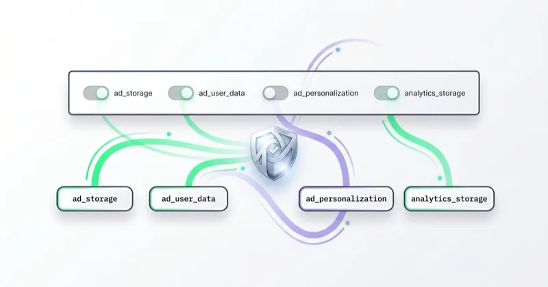 Cztery sygnały Consent Mode v2: ad_storage, ad_user_data, ad_personalization, analytics_storage