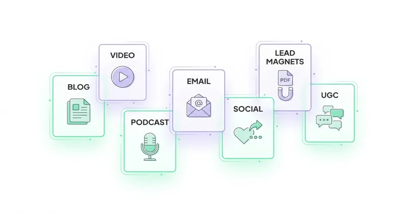 7 typów content marketingu: Blog, Video, Podcast, Email, Social, Lead magnets, UGC