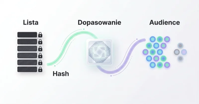 Proces dopasowania Customer Match: lista klientów, hashowanie, dopasowanie, audytorium
