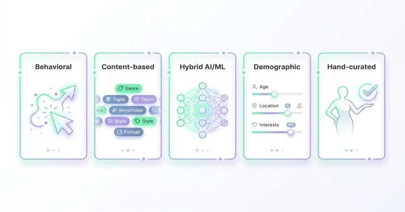 5 typów engine rekomendacji: Behavioral, Content-based, Hybrid AI/ML, Demographic, Hand-curated