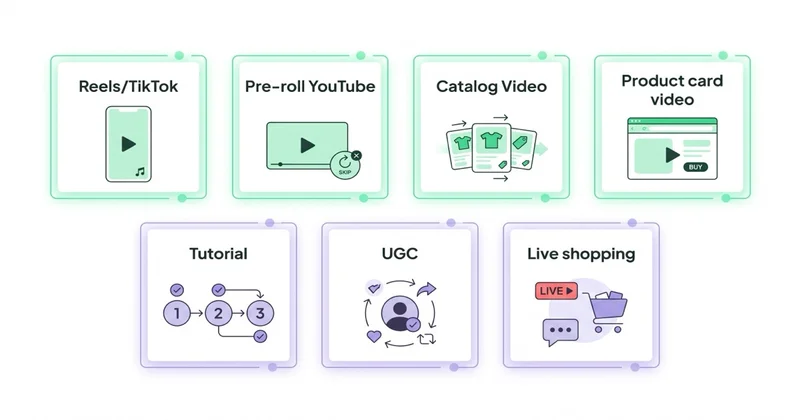 7 typów video marketingu: Reels/TikTok, Pre-roll YouTube, Catalog Video, Product card video, Tutorial, UGC, Live shopping