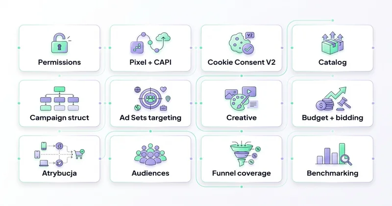 12 obszarów audytu Meta Ads: cel biznesowy, dostępy, pomiar (Pixel + CAPI + EMQ), struktura, odbiorcy, kreacje, katalog, budżet, faza uczenia, atrybucja, landing page, zgodność