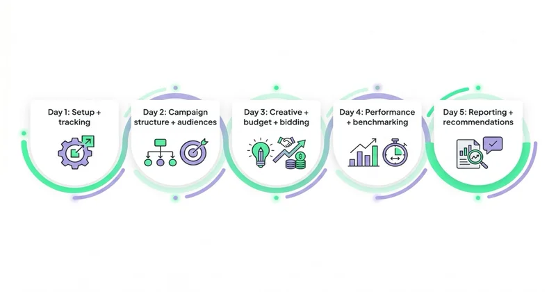 Workflow 5-dniowy audytu Meta Ads: Dzień 1 Pomiar, Dzień 2 Struktura i odbiorcy, Dzień 3 Kreacje, Dzień 4 Atrybucja, Dzień 5 Plan