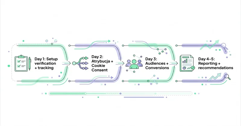 Workflow 4-dniowy audytu GA4: Setup → Atrybucja → Audiences → Reporting