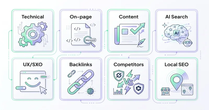 8 obszarów audytu SEO: Technical, On-page, Content, AI Search, UX/SXO, Backlinks, Competitors, Local SEO