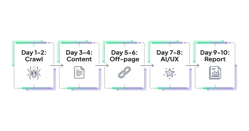 Workflow 10-dniowego audytu SEO: 5 faz po 2 dni każda