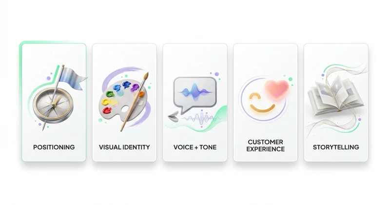 5 filarów brand marketingu: Positioning, Visual identity, Voice + tone, Customer Experience, Storytelling