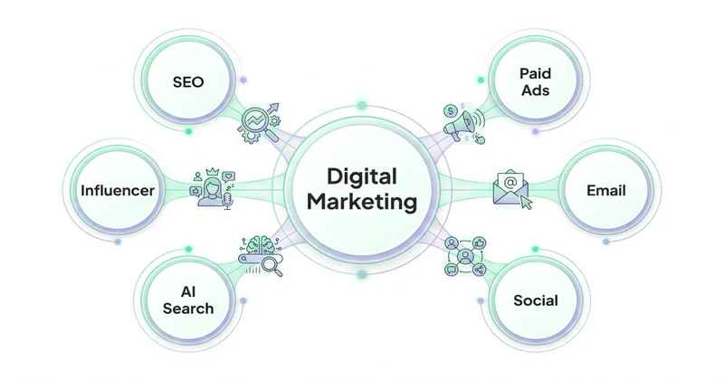 Wheel diagram 6 kanałów digital marketingu: SEO, Paid Ads, Email, Social, AI Search, Influencer