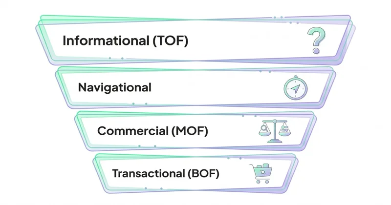 Klasyfikacja intent: Informational (TOF), Navigational, Commercial (MOF), Transactional (BOF)