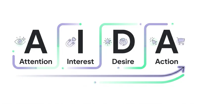Akronim AIDA: Attention, Interest, Desire, Action — z ikonami per etap