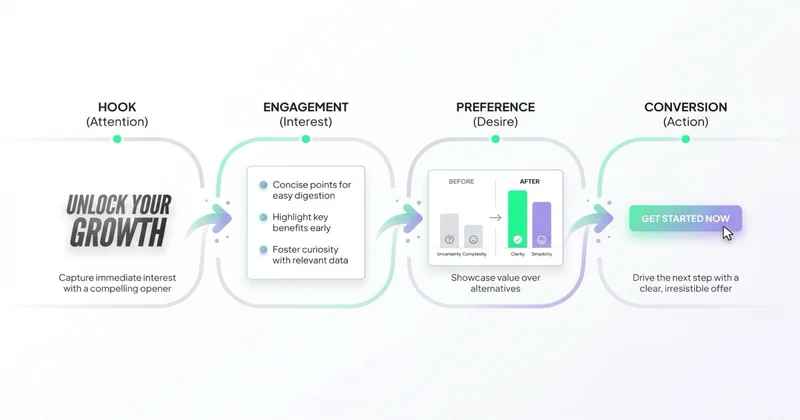 4-stopniowy flow content marketingowy: Hook → Engagement → Preference → Conversion