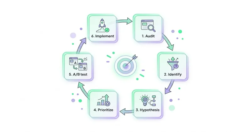 6-stopniowy proces CRO: Audit, Identify, Hypothesis, Prioritize, A/B test, Implement