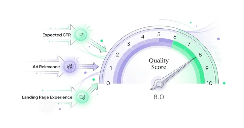 Quality Score gauge: 3 komponenty Expected CTR + Ad Relevance + Landing Page Experience