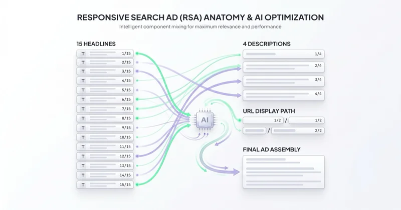 Anatomia RSA: 15 headlines + 4 descriptions + URL display path mixowane przez AI