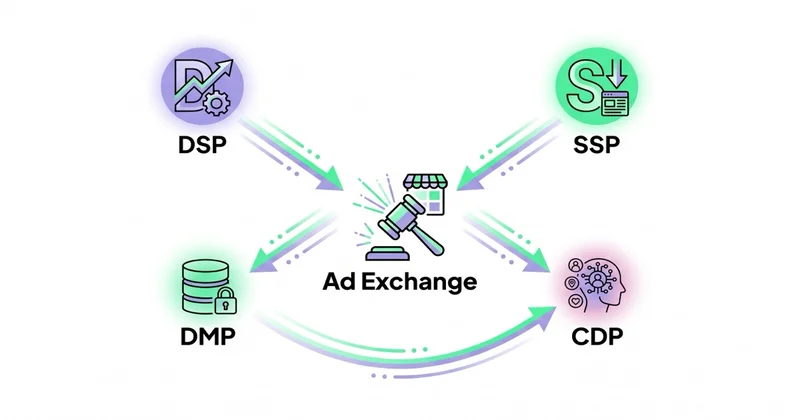 Ekosystem RTB: DSP, SSP, Ad Exchange, DMP, CDP — przepływ danych aukcyjnych