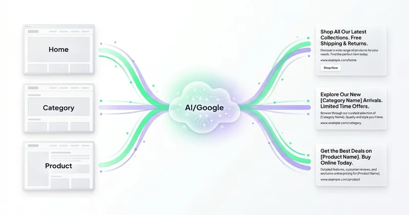 DSA flow: Google crawluje stronę → AI generuje headline + ad → wyświetla per page