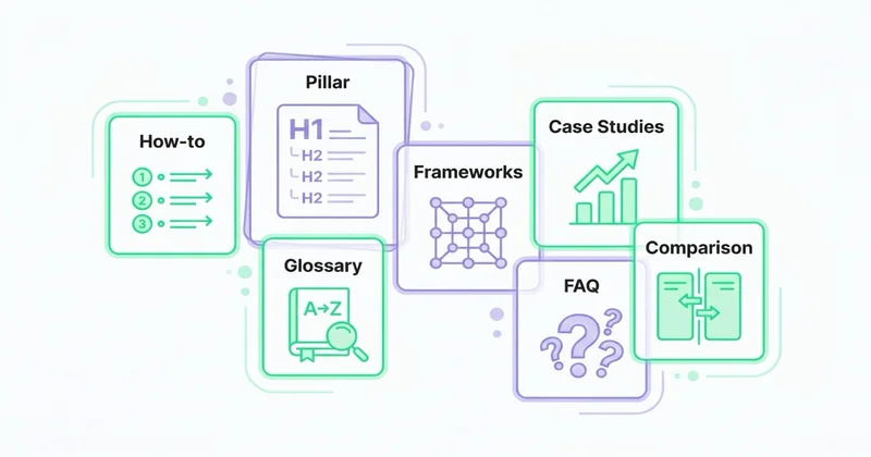 7 typów evergreen content: How-to, Pillar, Glossary, Frameworks, Case Studies, FAQ, Comparison