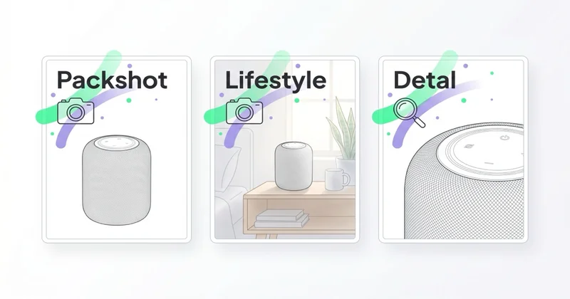 3 typy zdjęć produktowych: packshot, lifestyle, detal