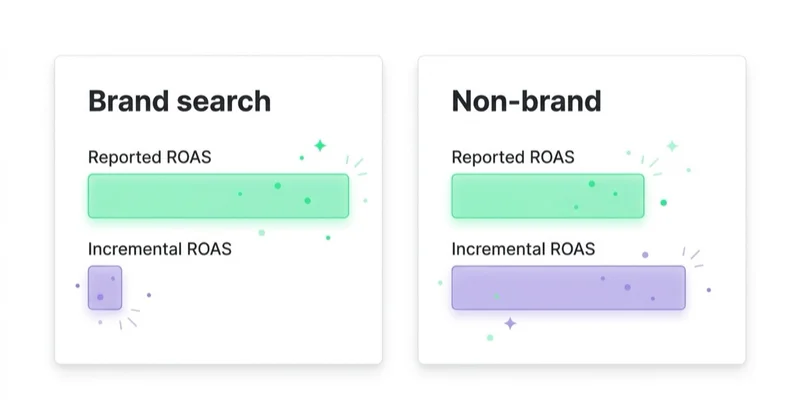 Brand search vs non-brand: deklarowany ROAS vs incremental ROAS.