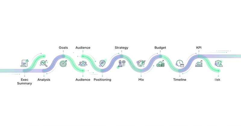 11-stopniowa struktura planu marketingowego: Exec Summary → Analiza → Cele → Audience → ... → KPI → Risk