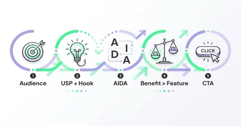 5-stopniowy proces tworzenia copy: Audience → USP + Hook → AIDA → Benefit > Feature → CTA
