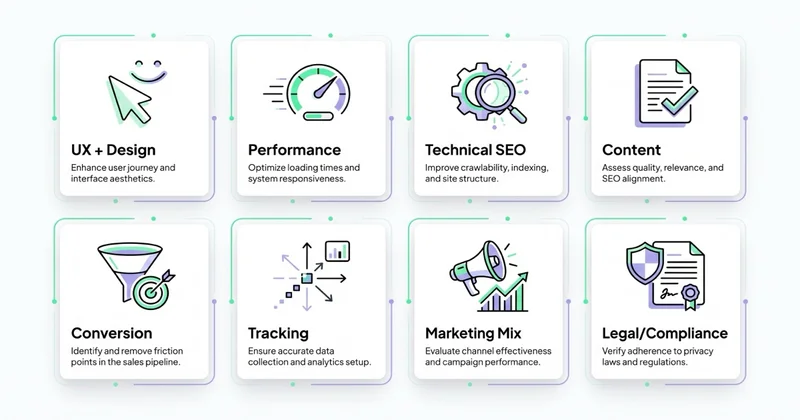 8 obszarów audytu sklepu: UX, Performance, Technical SEO, Content, Conversion, Tracking, Marketing Mix, Legal