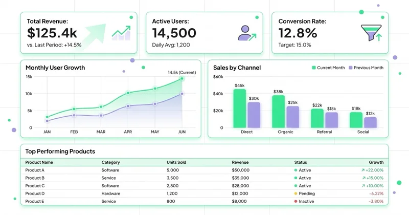 Struktura dashboardu Looker Studio: scorecards, charts, tabela