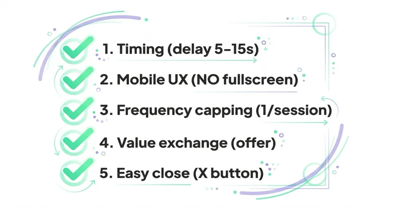 5 best practices pop-up: timing, mobile UX, frequency, value exchange, easy close