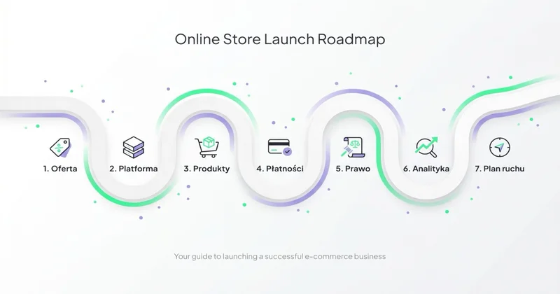 Roadmap 7 kroków zakładania sklepu: oferta, platforma, produkty, płatności, prawo, analityka, plan ruchu