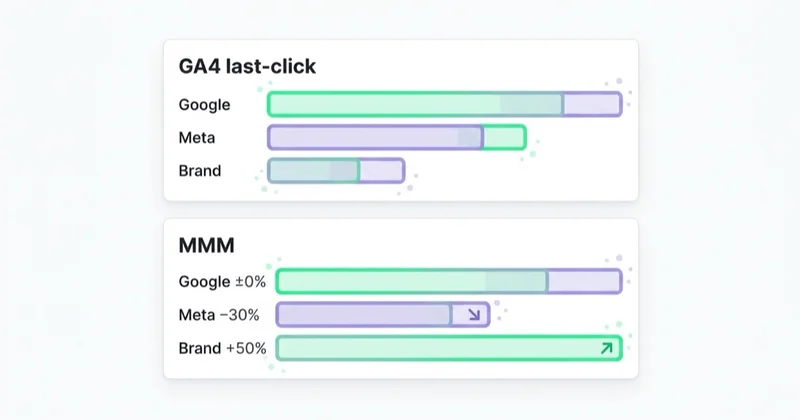Porównanie wyników: GA4 last-click attribution vs MMM ground-truth.
