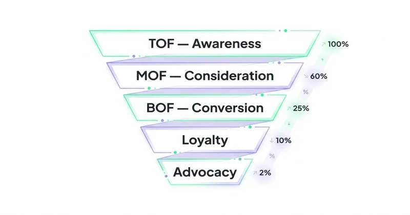 5-stopniowy lejek marketingowy: TOF Awareness, MOF Consideration, BOF Conversion, Loyalty, Advocacy