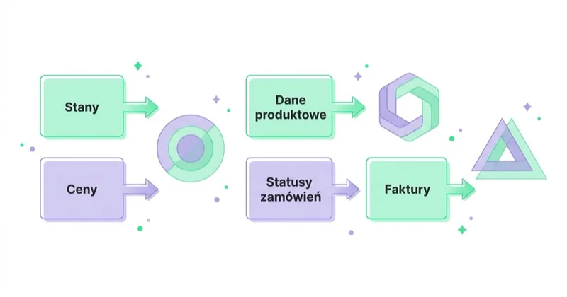 Mapa pól integracji: stany, ceny, dane produktowe, statusy zamówień i faktury, a przy każdym polu jeden wskazany system nadrzędny.