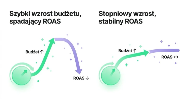 Diagram: stopniowe skalowanie chroni ROAS.