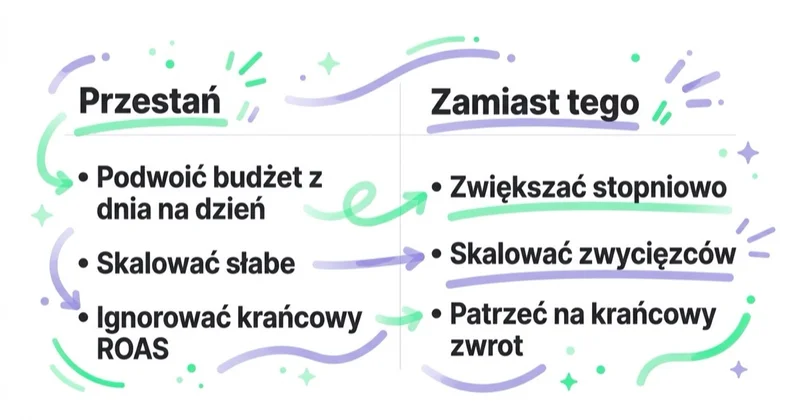 Diagram: skalowanie Meta — czego unikać, co robić.