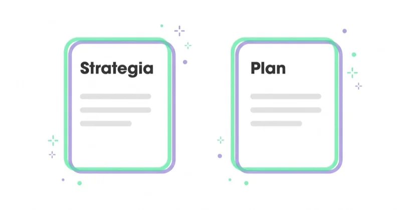 Dwie niezależne karty ilustrujące różnicę między strategią marketingową a planem marketingowym: karta „Strategia” i osobna karta „Plan”.