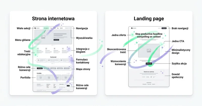 Diagram: czym różni się landing od strony.