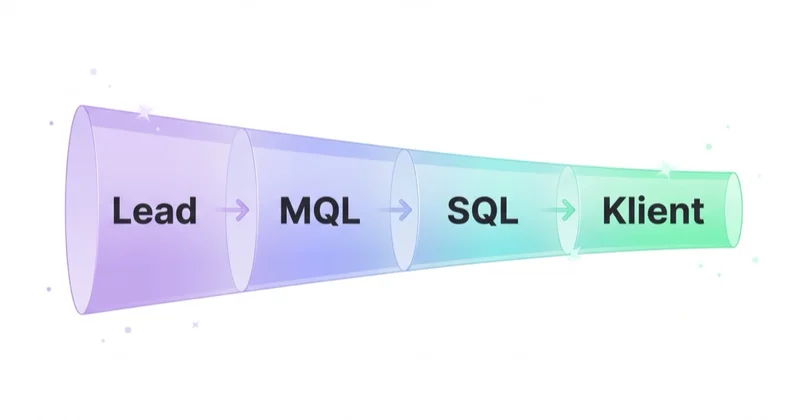 Lejek B2B — lead, MQL, SQL, klient — mierzony etapami, nie ostatnim kliknięciem.